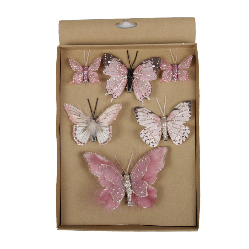6x Kerstversiering vlinders op clip roze