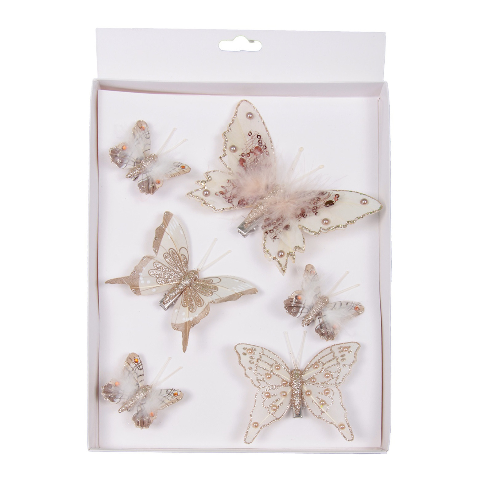 6x stuks decoratie vlinders op clip champagne 5, 8 en 12 cm