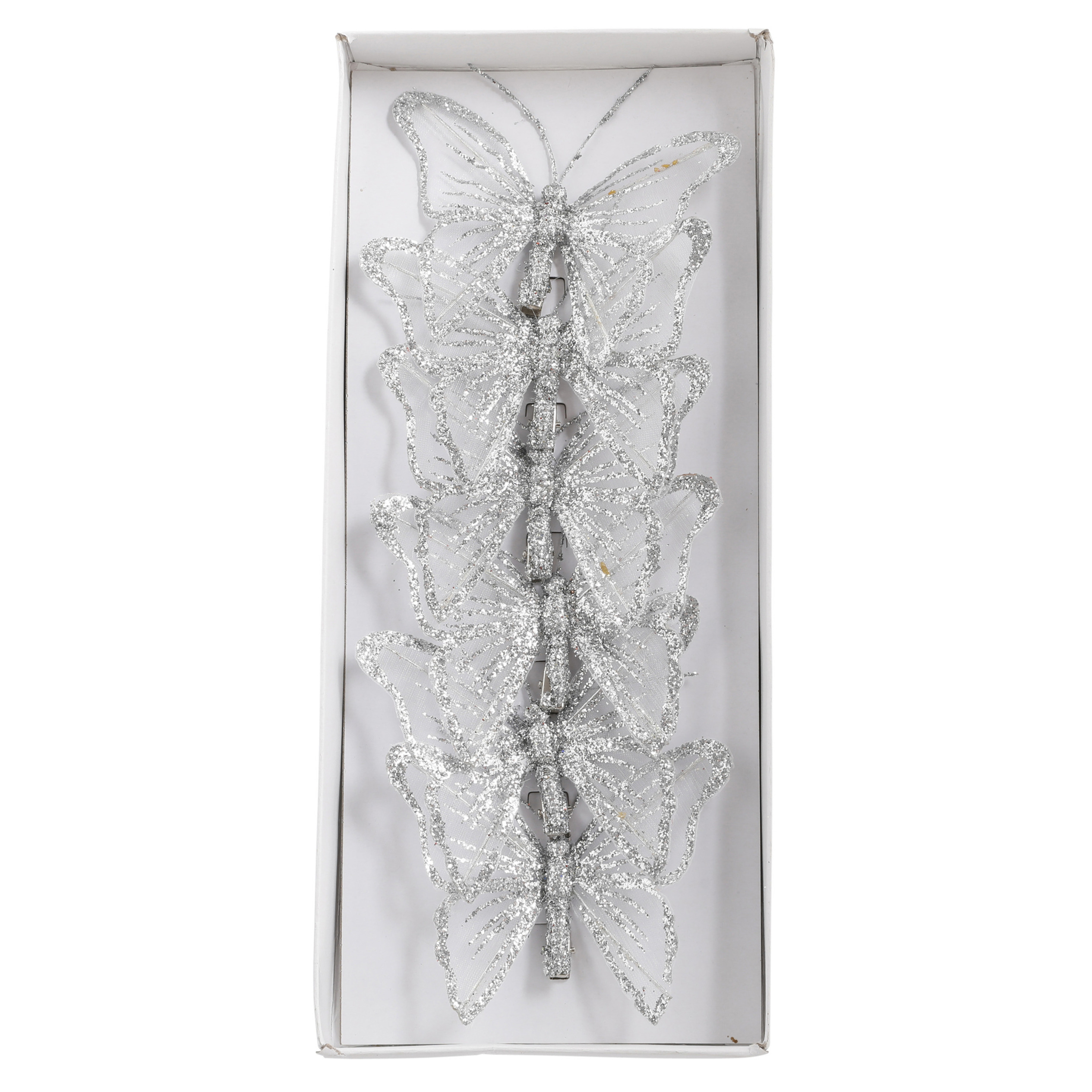 6x stuks decoratie vlinders op clip glitter zilver 10 cm