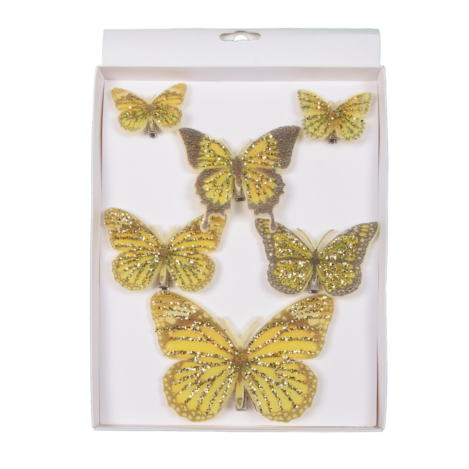 6x stuks decoratie vlinders op clip goud/geel 5, 8 en 12 cm