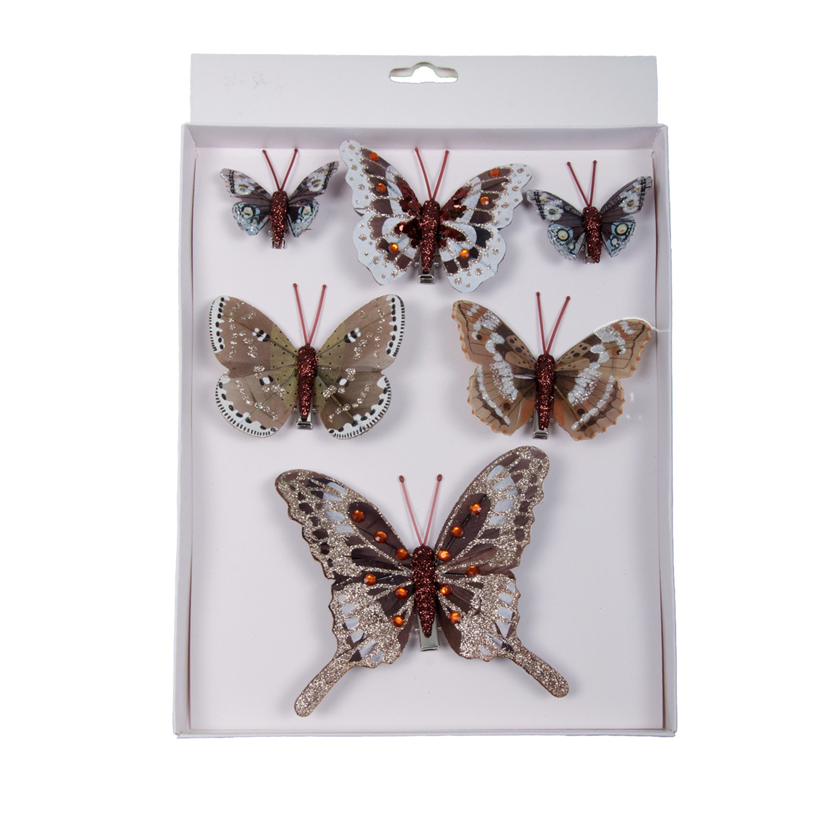 6x stuks decoratie vlinders op clip natuurlijke tinten 5, 8 en 12 cm