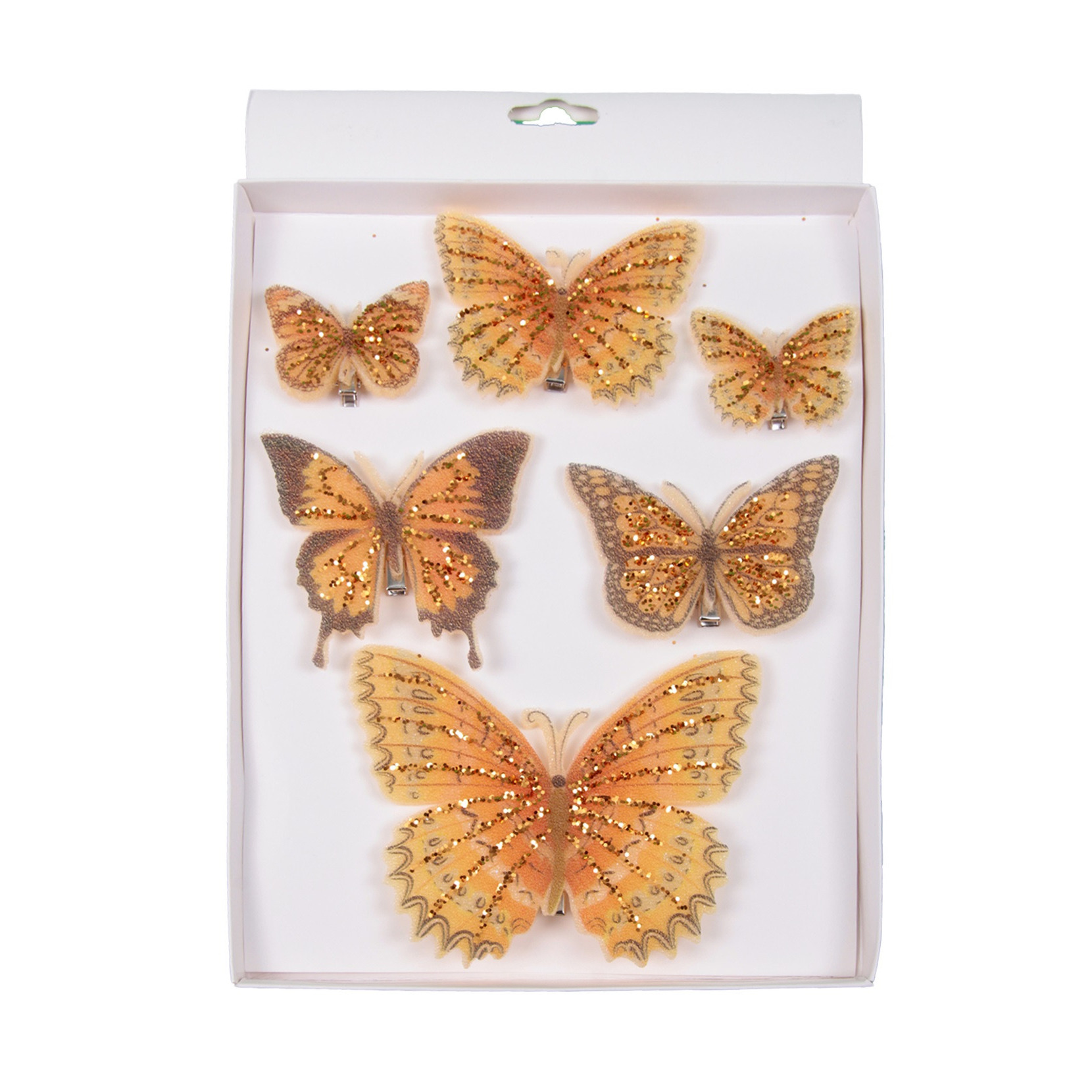 6x stuks decoratie vlinders op clip oranje 5, 8 en 12 cm