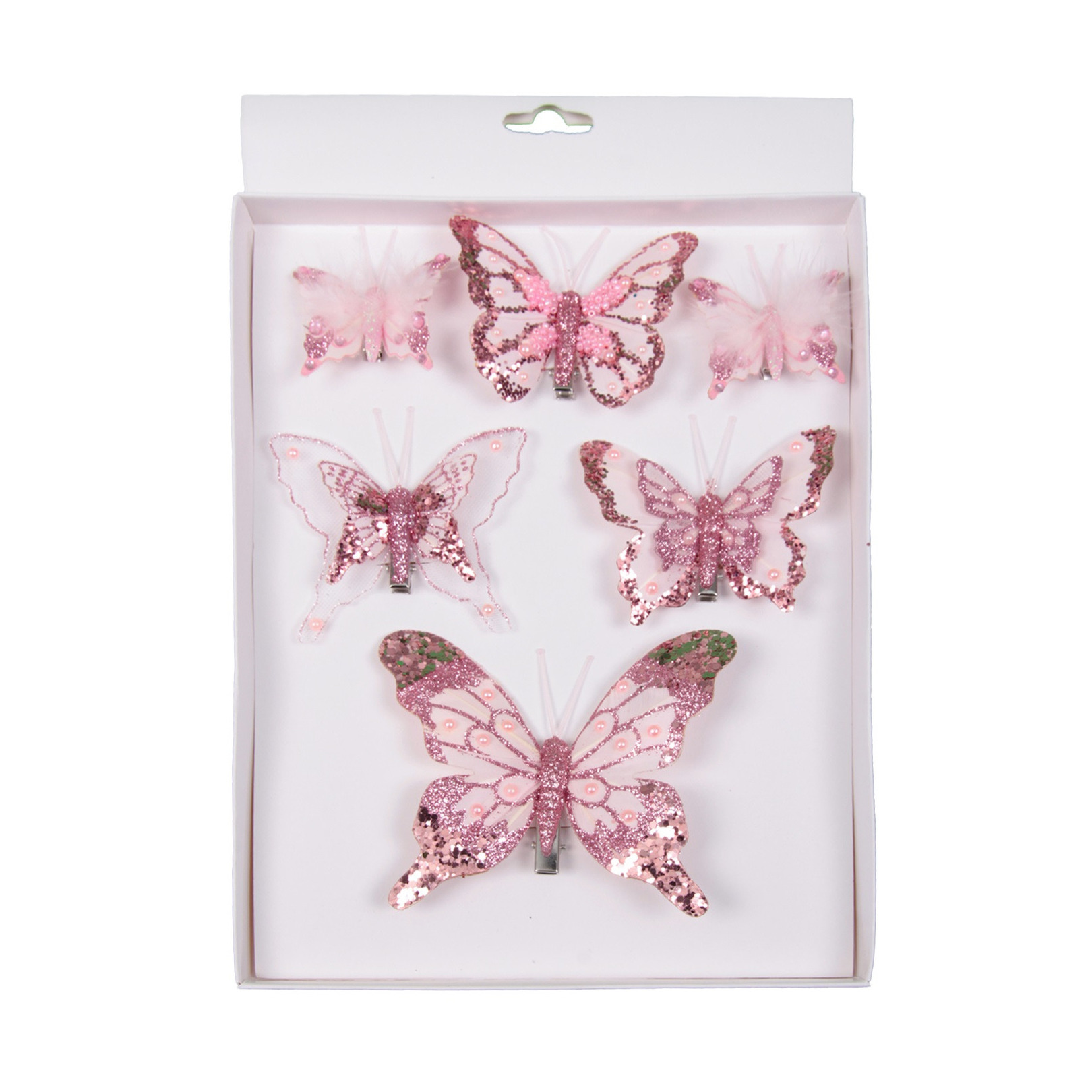 6x stuks decoratie vlinders op clip roze 5, 8 en 12 cm