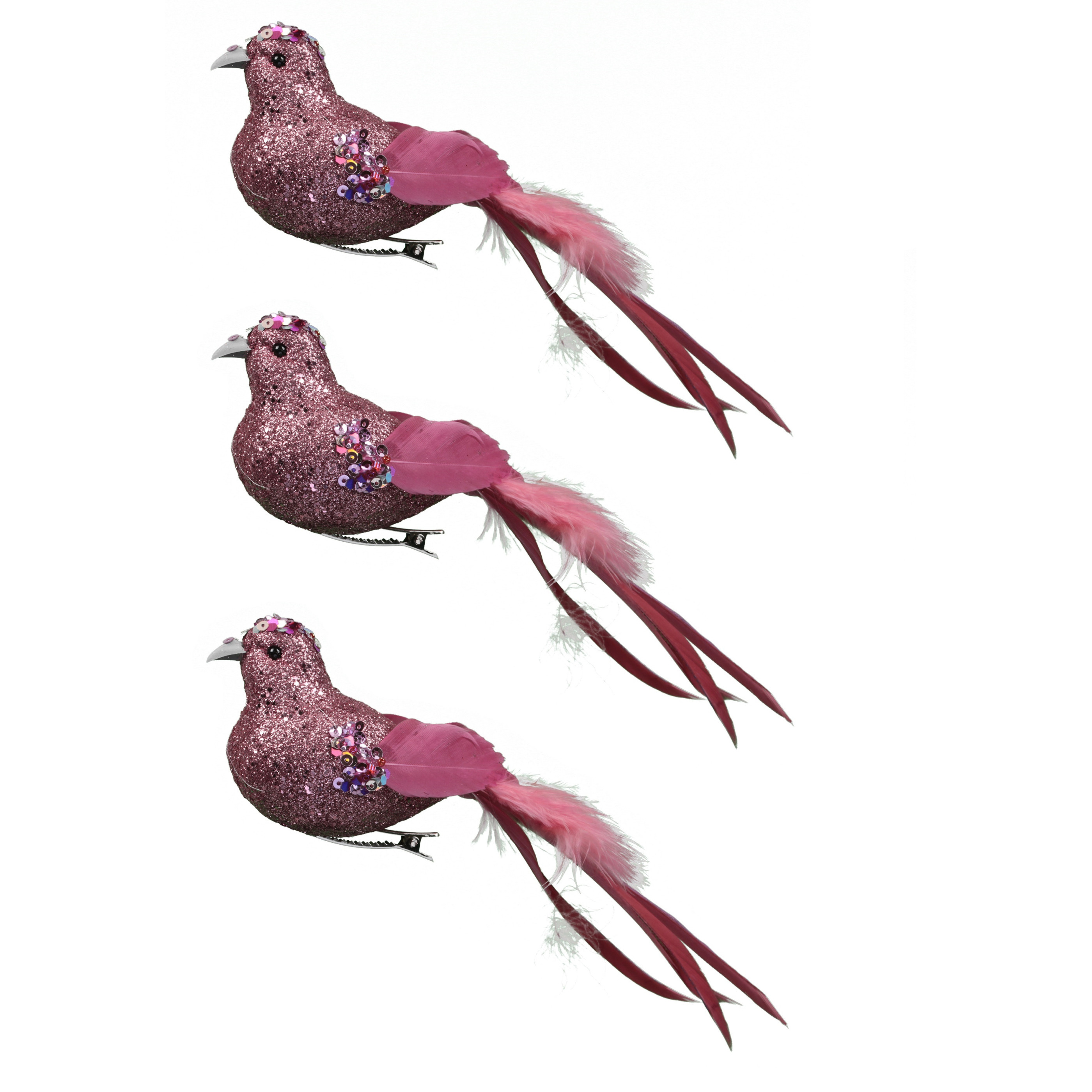 6x stuks decoratie vogels op clip glitter roze 18 cm