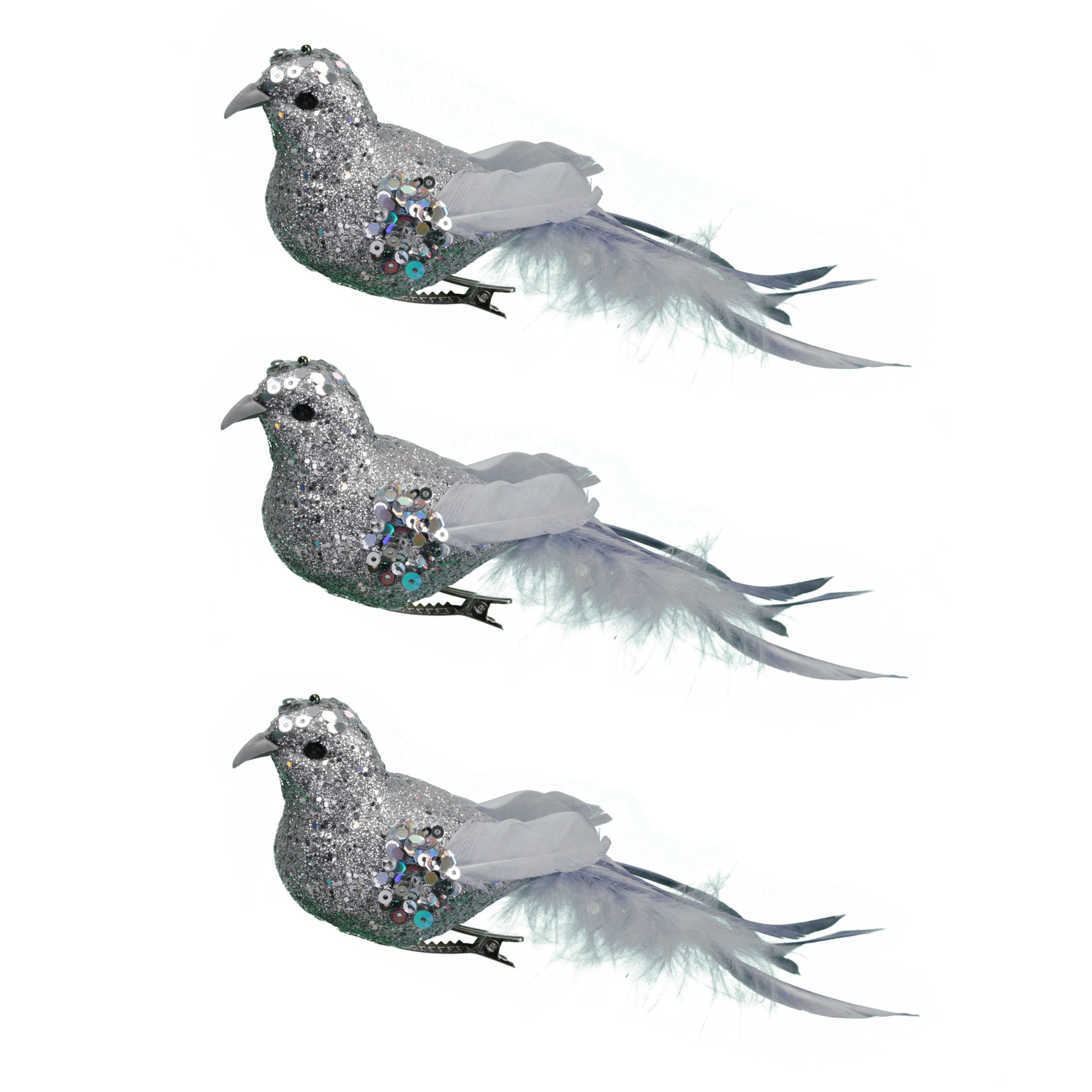 6x stuks decoratie vogels op clip glitter zilver 16 cm