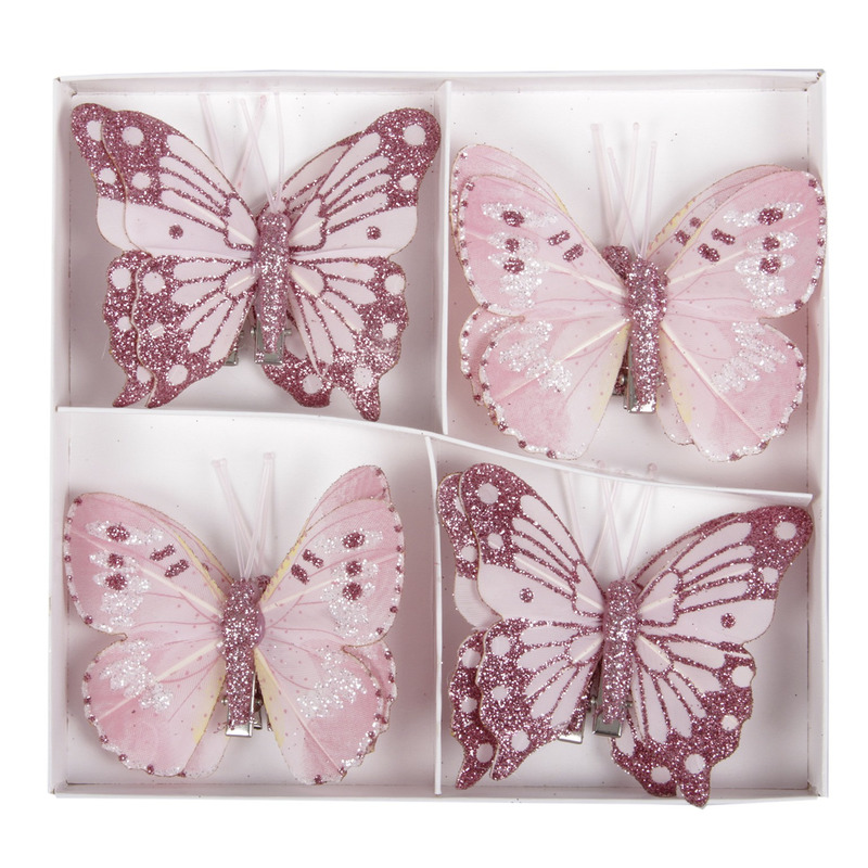 8x Kerstversiering vlinders op clip roze 8 cm