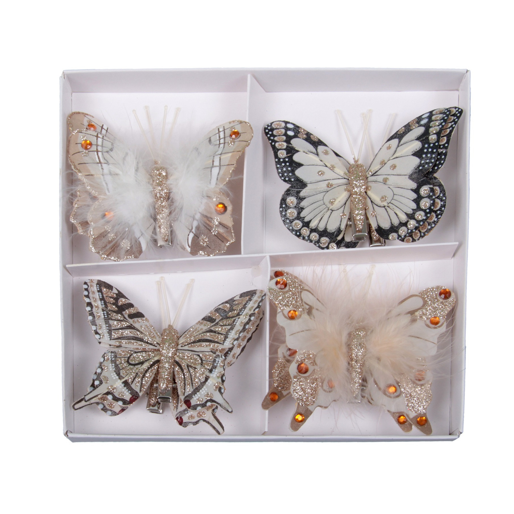 8x stuks decoratie vlinders op clip champagne 8 cm