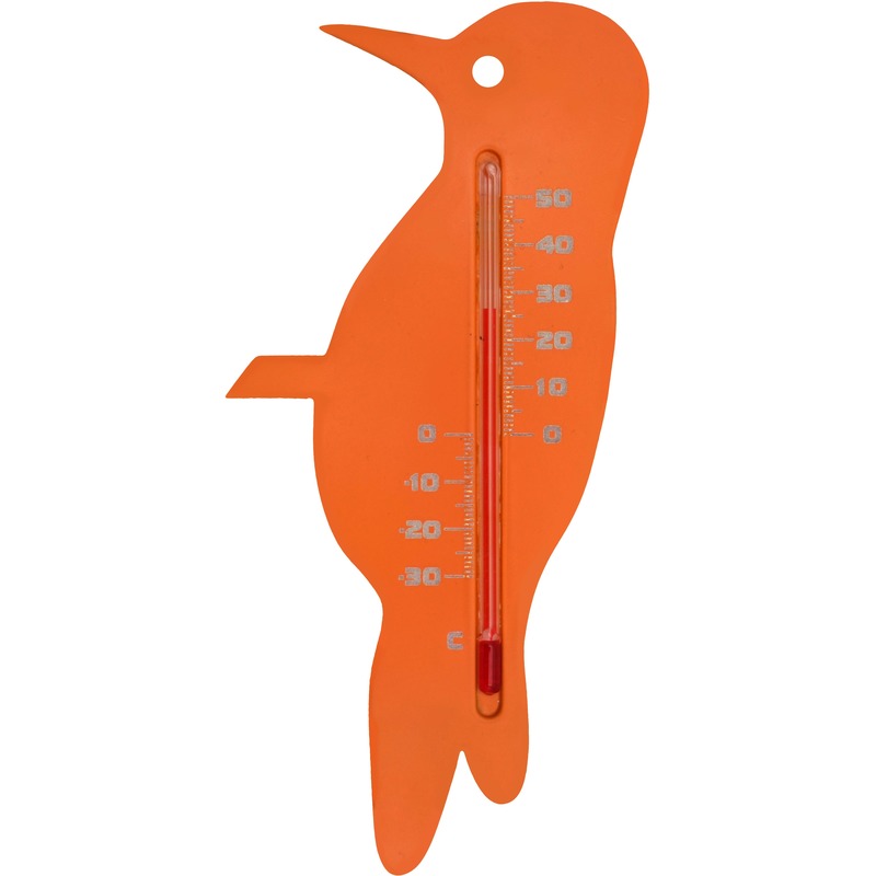 Binnen/buiten thermometer oranje specht vogel 15 cm