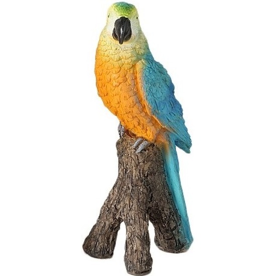 Blauw tuindecoratie/woondecoratie beeld zittende ara papegaai vogel 21 cm