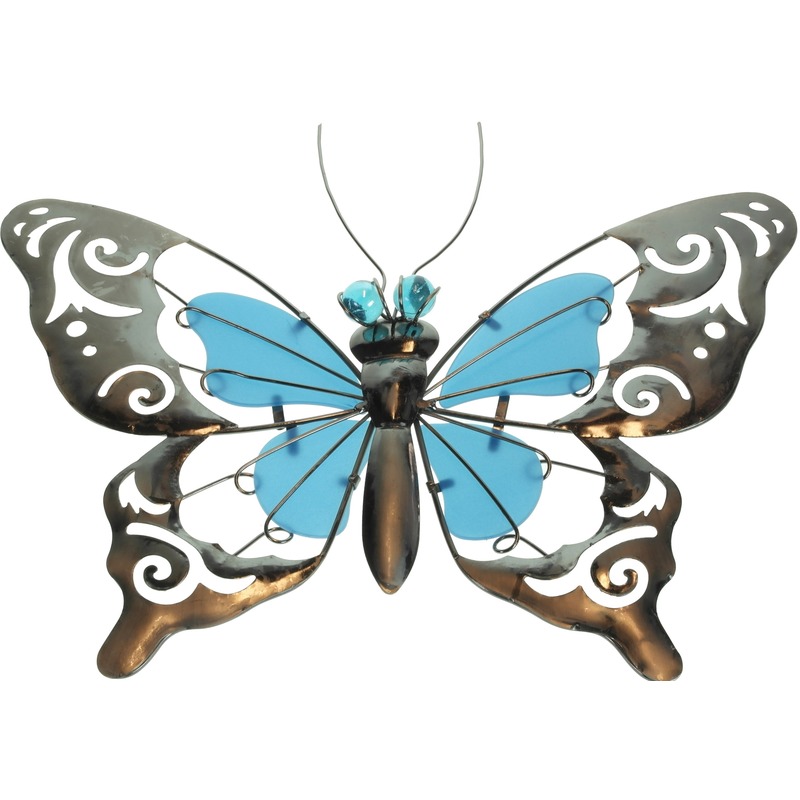 Blauwe metalen tuindecoratie vlinder 35 cm glow in the dark