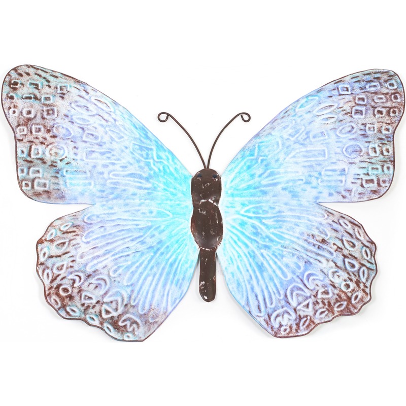 Blauwe/zwarte metalen tuindecoratie vlinder 39 cm