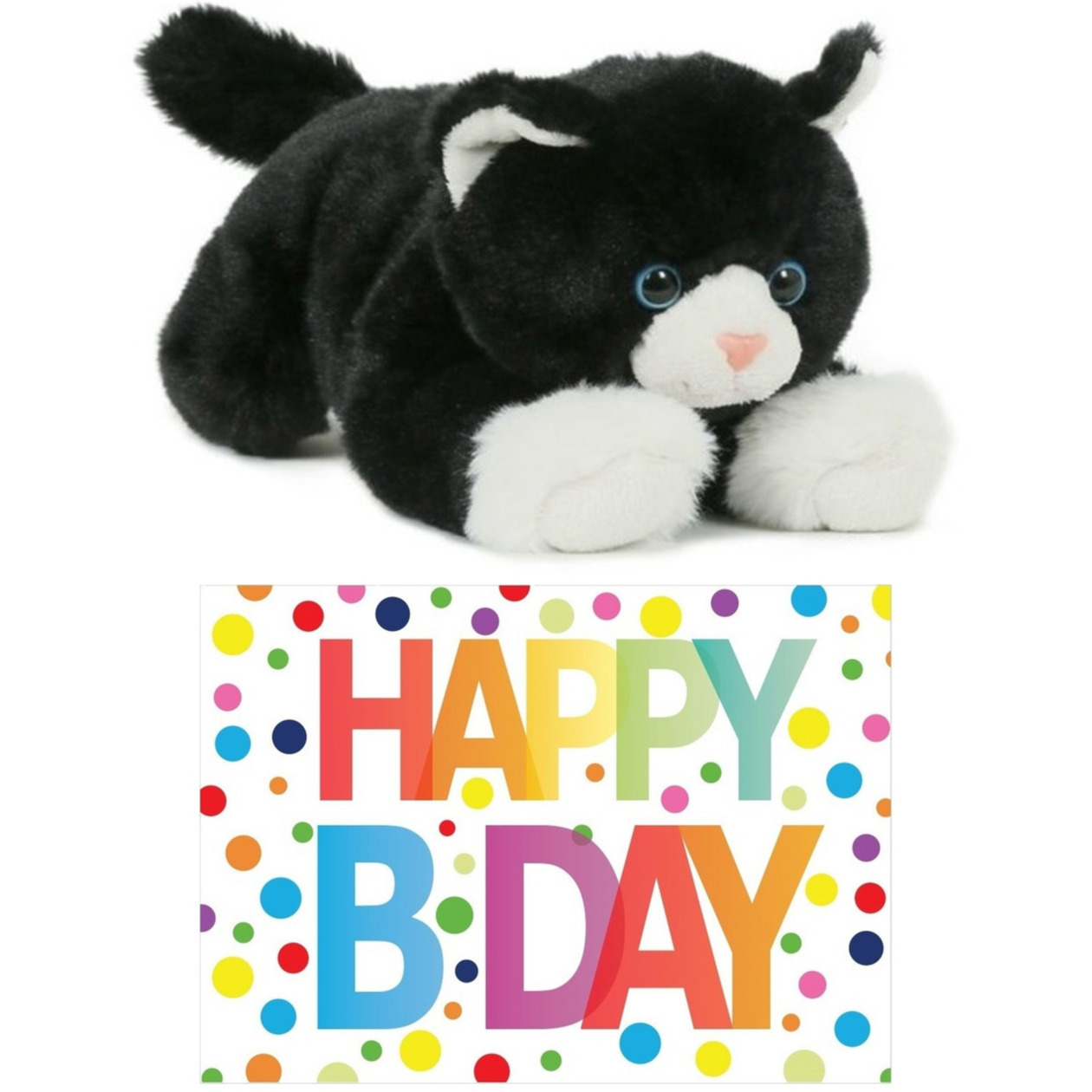 Cadeau setje pluche zwart/witte kat/poes knuffel 25 cm met Happy Birthday wenskaart