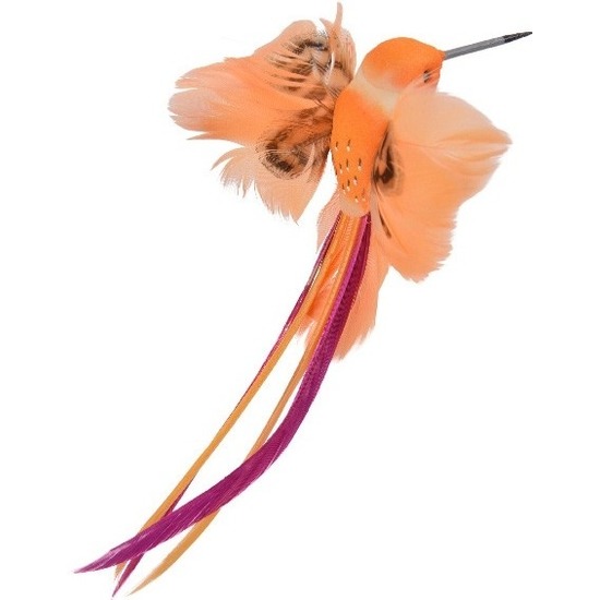 Decoratie vogeltje oranje kolibrie 15 cm op clip met echte veren