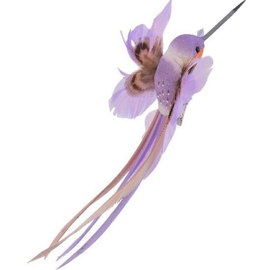 Decoratie vogeltje paarse kolibrie 15 cm op clip met echte veren