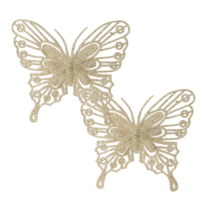 Decoris vlinders op clip 2x stuks -champagne 13 cm glitter