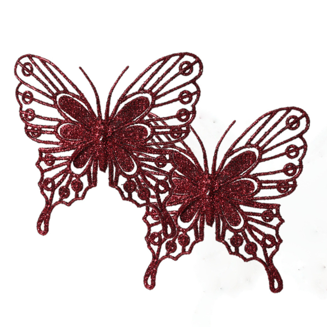 Decoris vlinders op clip - 2x stuks -donkerrood - 13 cm - glitter