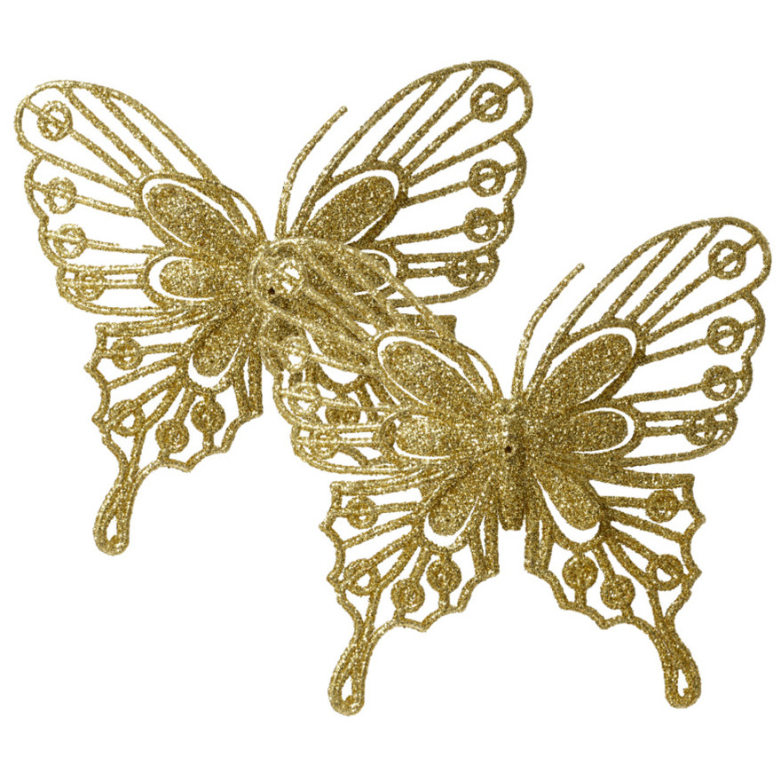 Decoris vlinders op clip - 2x stuks -goud - 13 cm - glitter