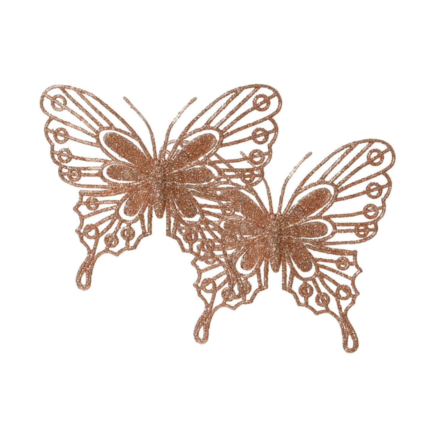Decoris vlinders op clip 2x stuks -lichtroze 13 cm glitter