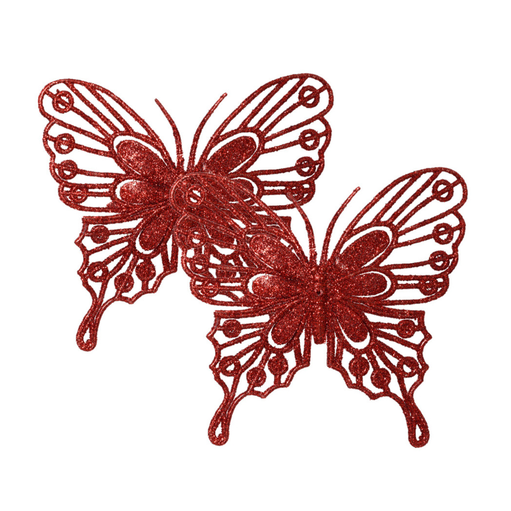 Decoris vlinders op clip - 2x stuks -rood - 13 cm - glitter