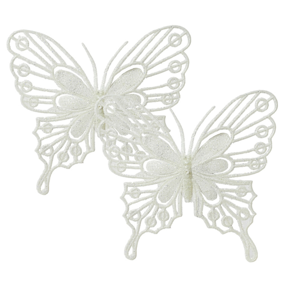 Decoris vlinders op clip - 2x stuks -wit - 13 cm - glitter