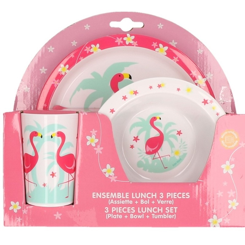Flamingos kunststof serviesset 3-delig bord/diep bord/beker voor kinderen