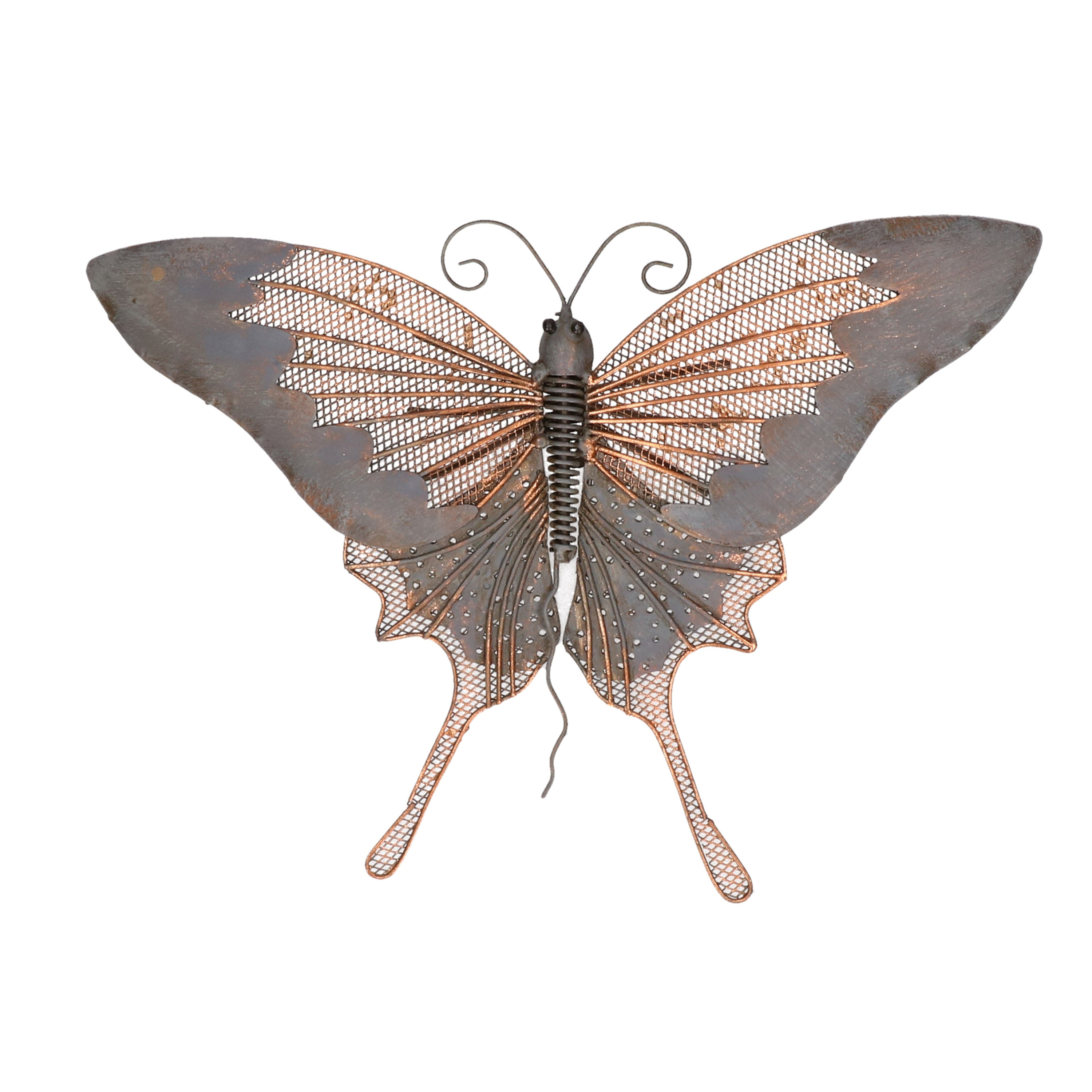 Grijs/goudbruine metalen tuindecoratie vlinder hangdecoratie 34 x 24 cm cm