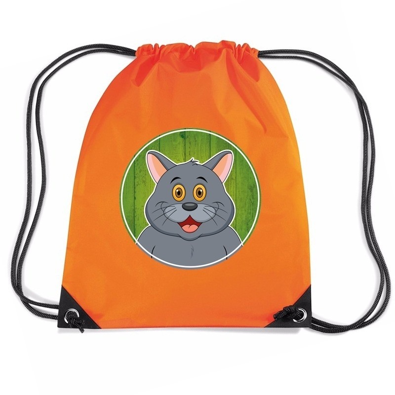 Grijze kat dieren trekkoord rugzak-gymtas oranje voor kinderen