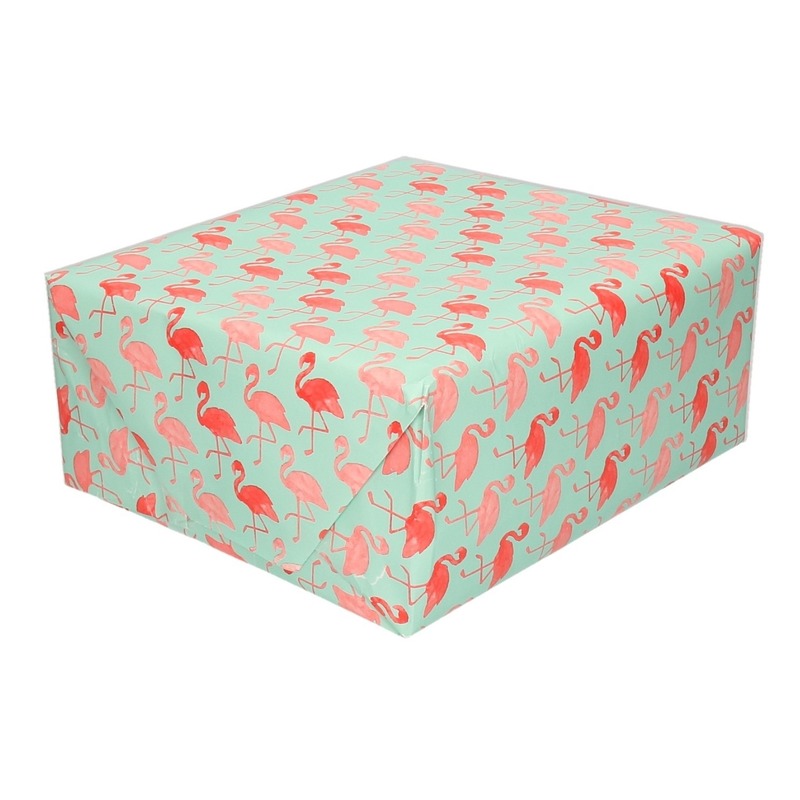 Groen cadeaupapier met flamingo print 70 x 200 cm