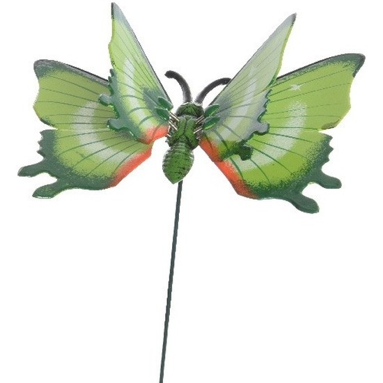 Groene metalen tuindecoratie vlinder op stok 17 x 60 cm