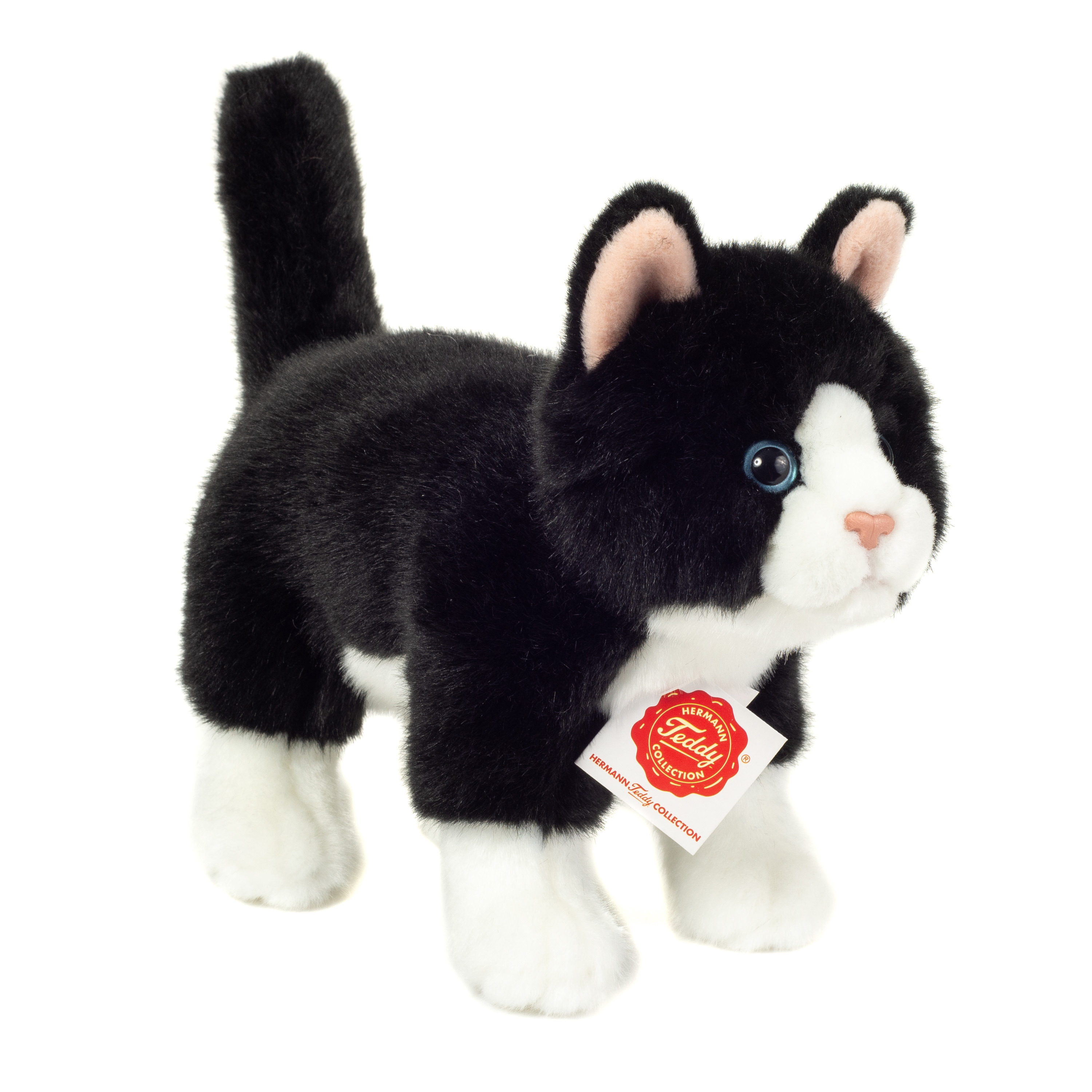 Hermann Teddy Knuffeldier kat-poes zachte pluche stof premium kwaliteit knuffels zwart-wit 20 cm