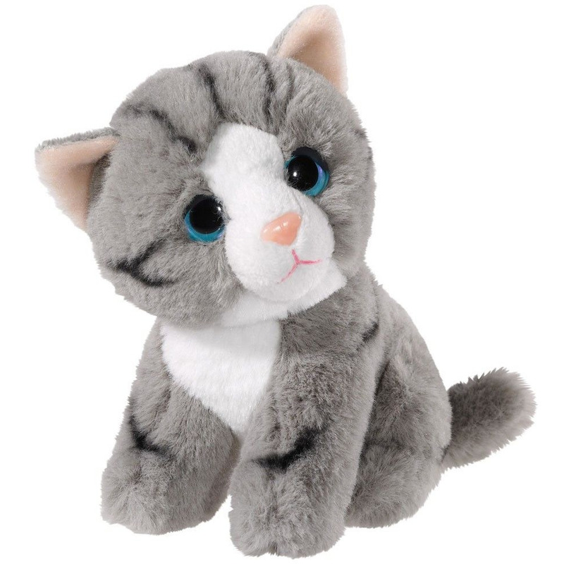 Heunec Pluche grijze kat poes knuffel 14 cm speelgoed katten