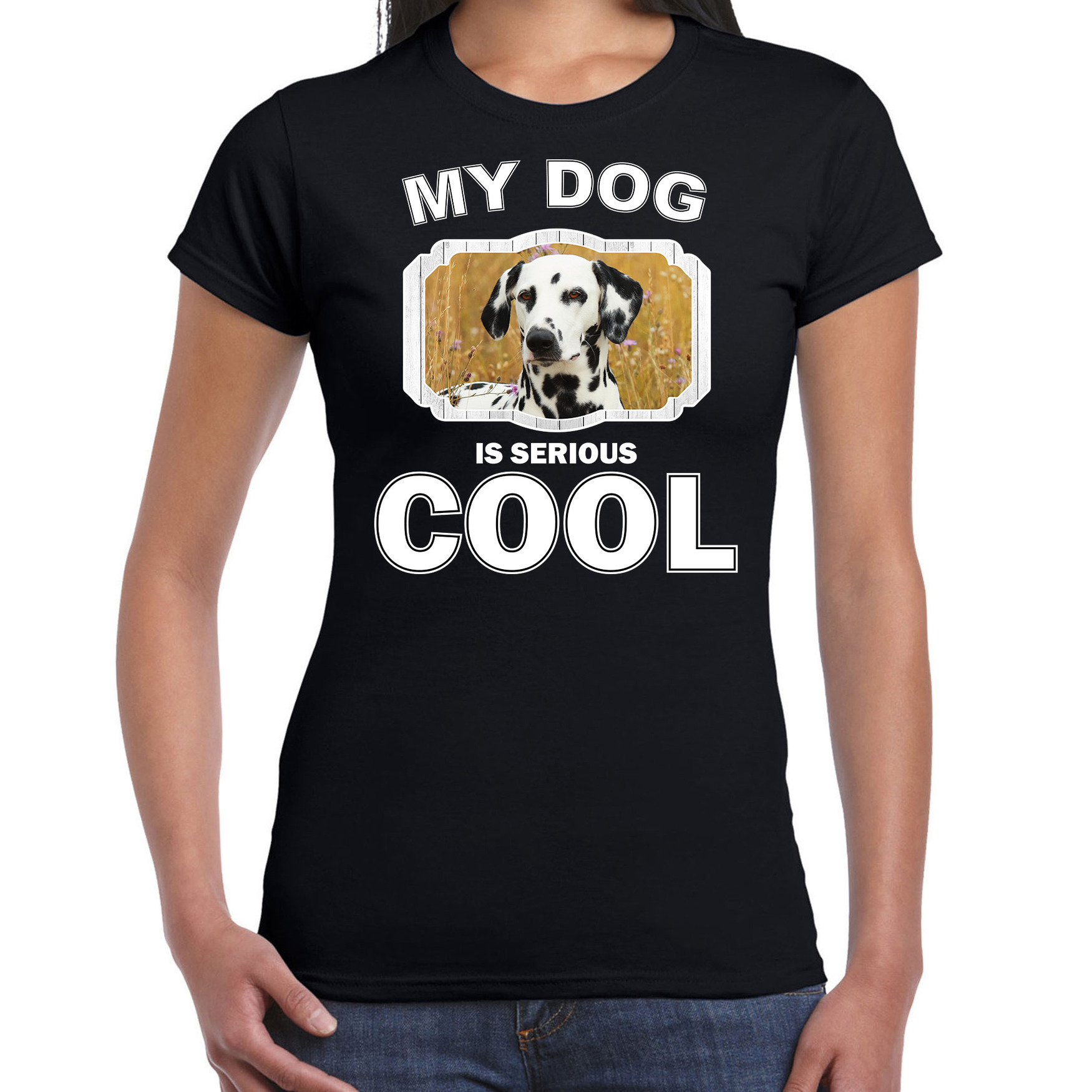 Afbeelding Honden liefhebber shirt Dalmatier my dog is serious cool zwart voor dames door Animals Giftshop