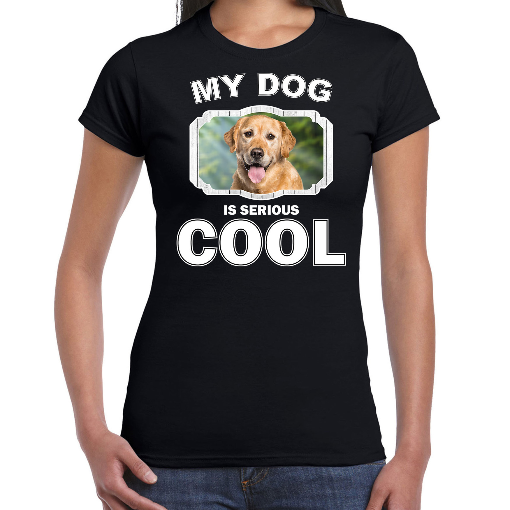Afbeelding Honden liefhebber shirt Golden Retrievers my dog is serious cool zwart voor dames door Animals Giftshop