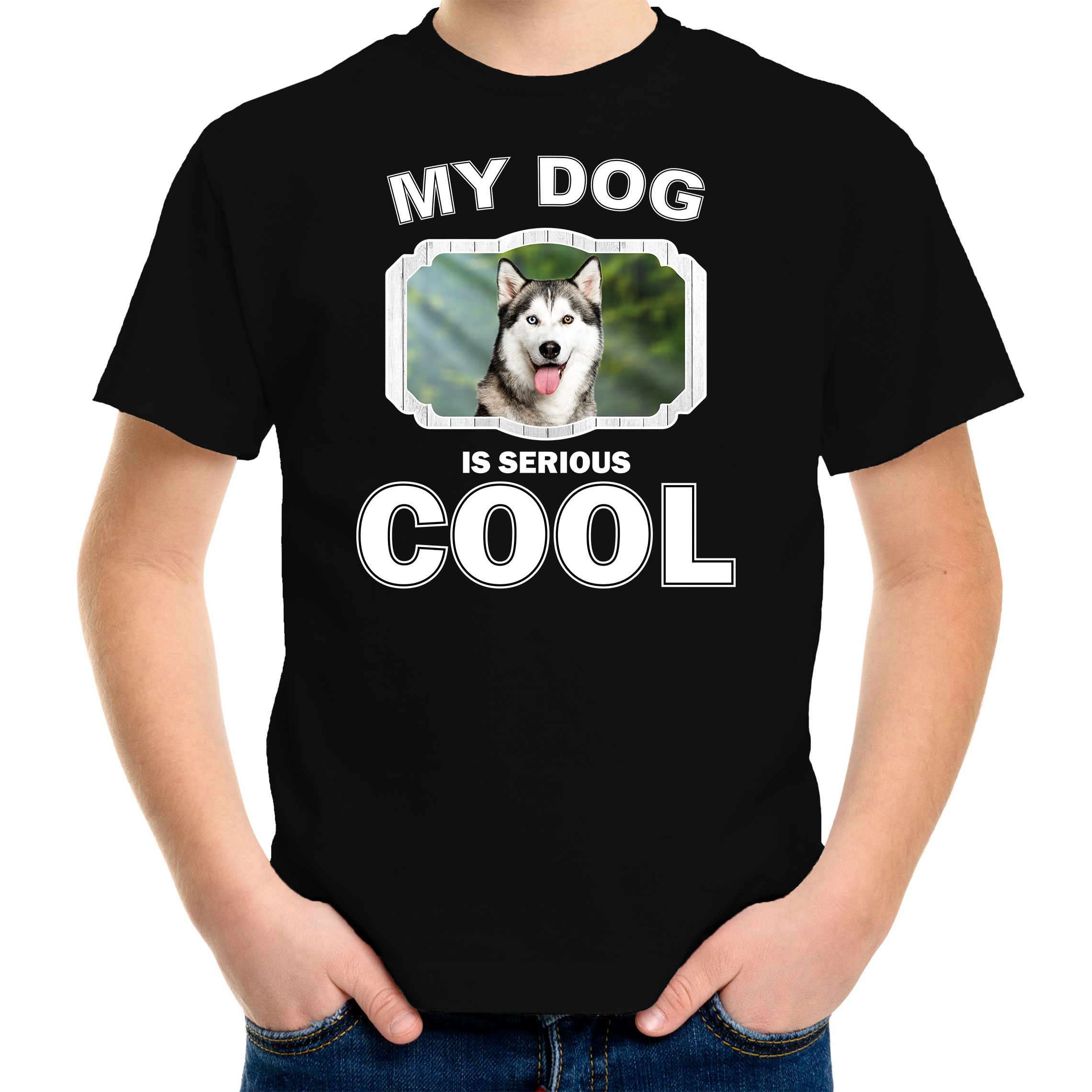 Honden liefhebber shirt Husky my dog is serious cool zwart voor kinderen