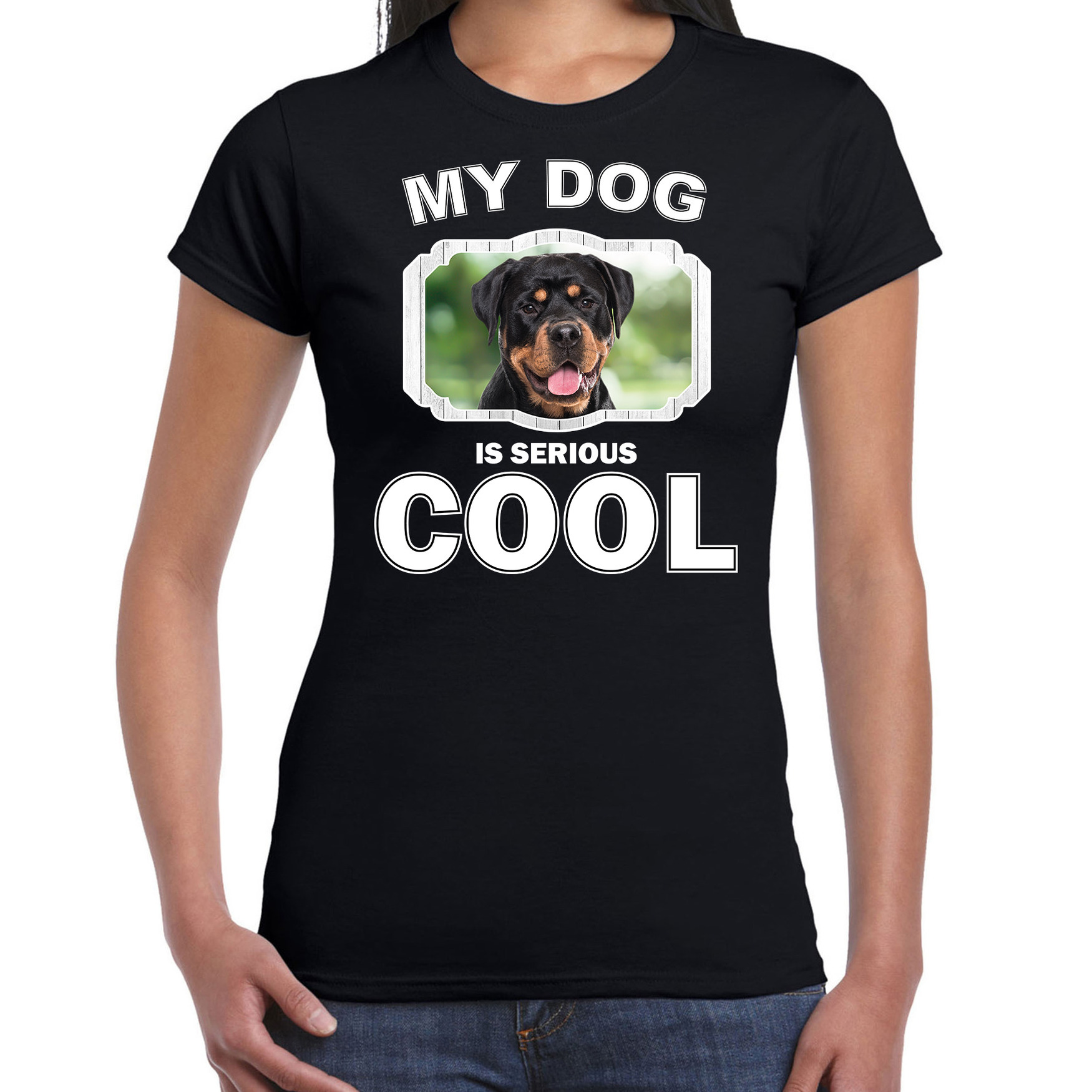 Afbeelding Honden liefhebber shirt Rottweiler my dog is serious cool zwart voor dames door Animals Giftshop