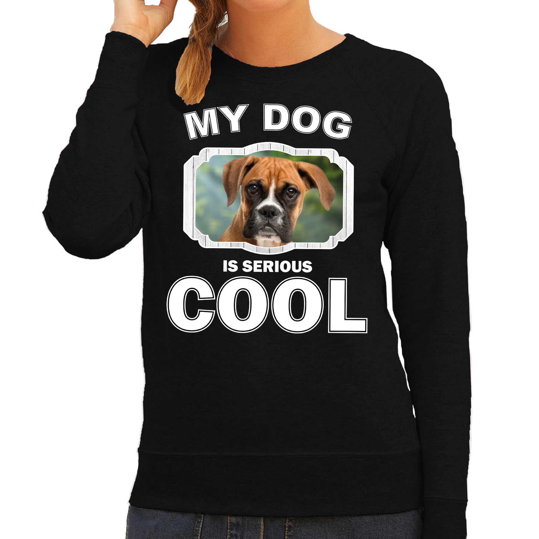 Honden liefhebber trui - sweater Boxer my dog is serious cool zwart voor dames