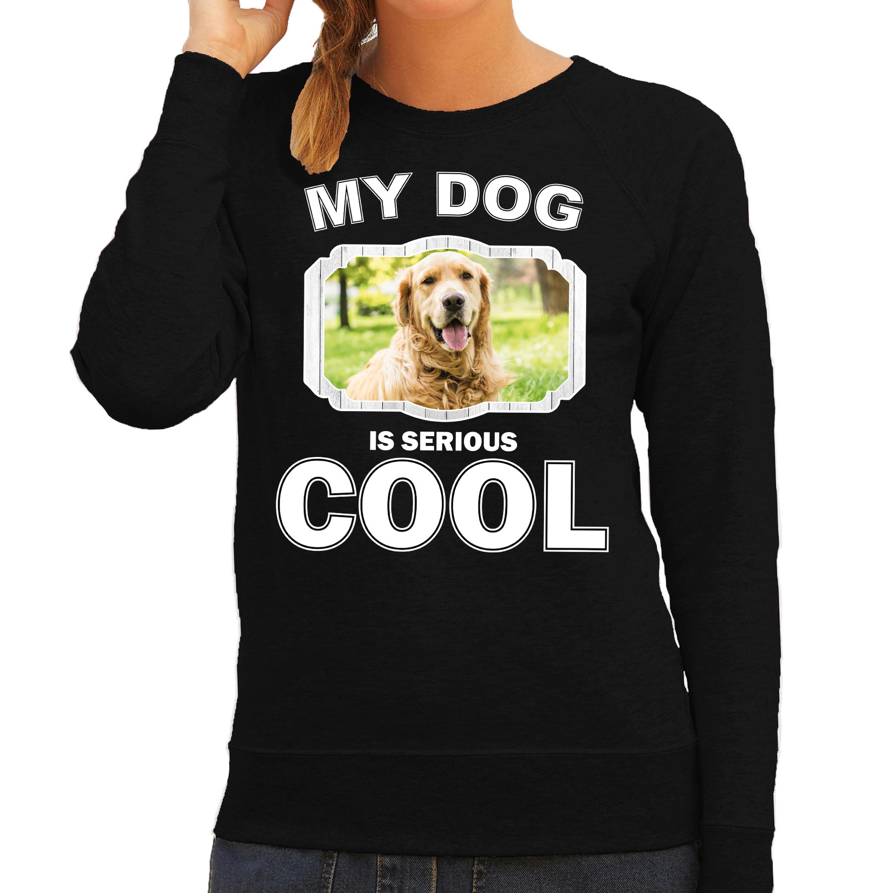 Afbeelding Honden liefhebber trui / sweater Golden retriever my dog is serious cool zwart voor dames door Animals Giftshop