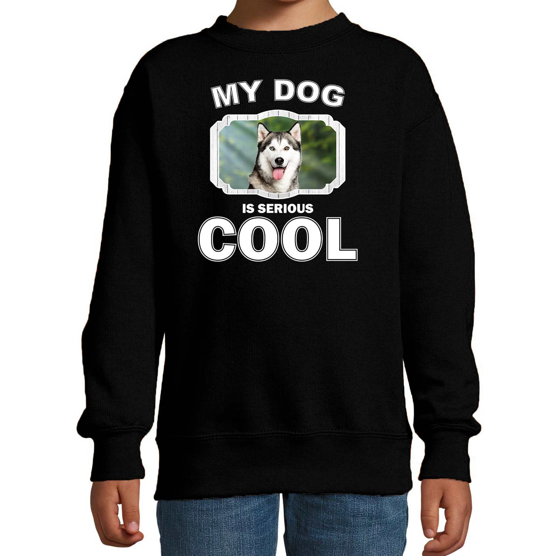 Honden liefhebber trui / sweater Husky my dog is serious cool zwart voor kinderen