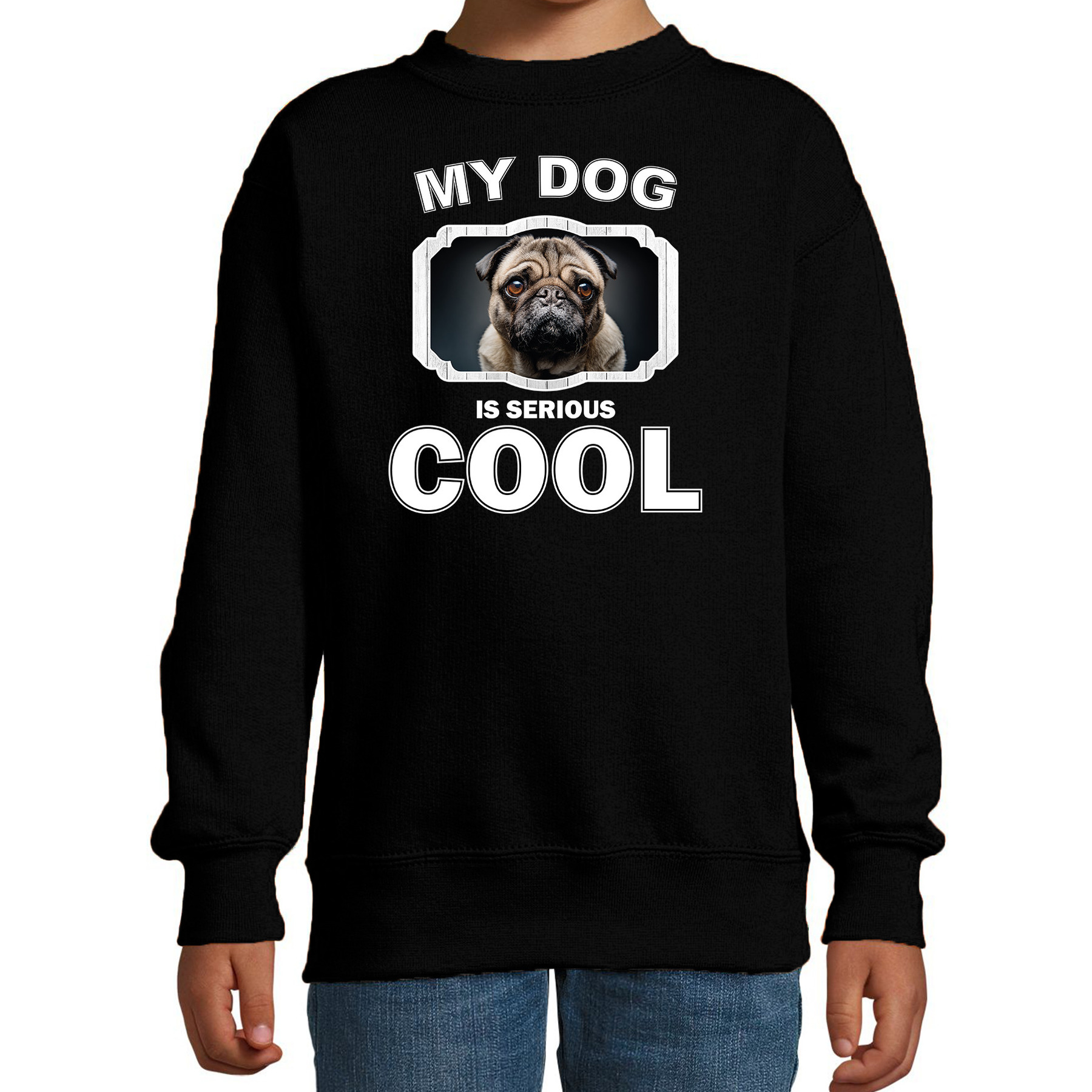 Honden liefhebber trui / sweater mopshond my dog is serious cool zwart voor kinderen