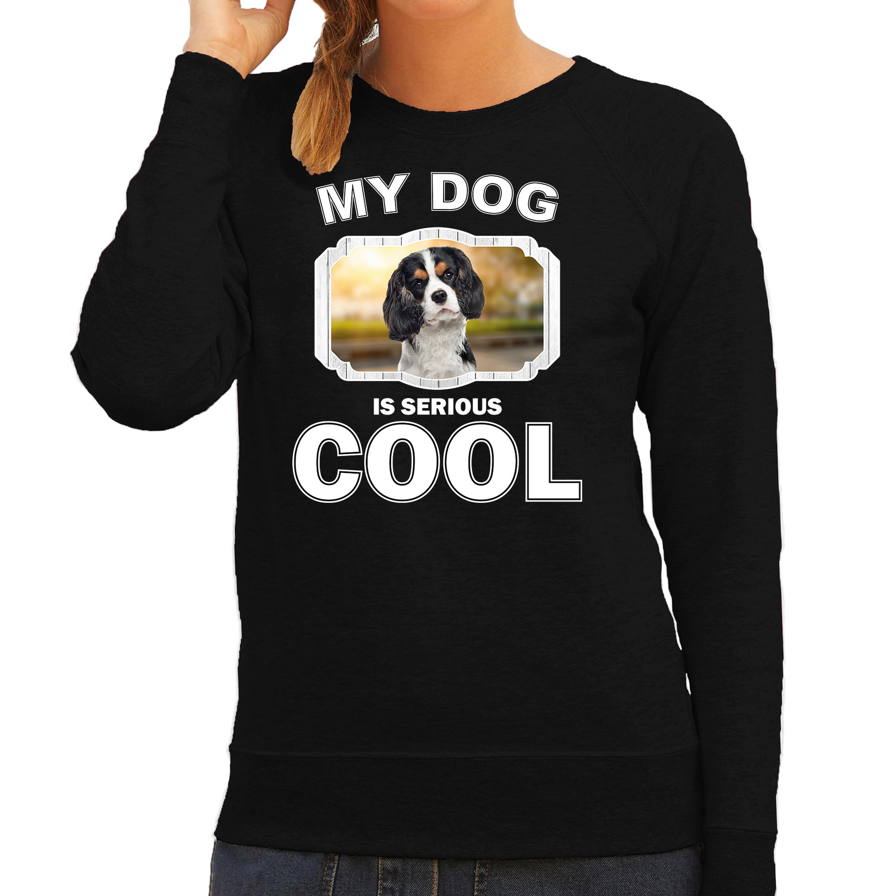 Afbeelding Honden liefhebber trui / sweater Spaniel my dog is serious cool zwart voor dames door Animals Giftshop