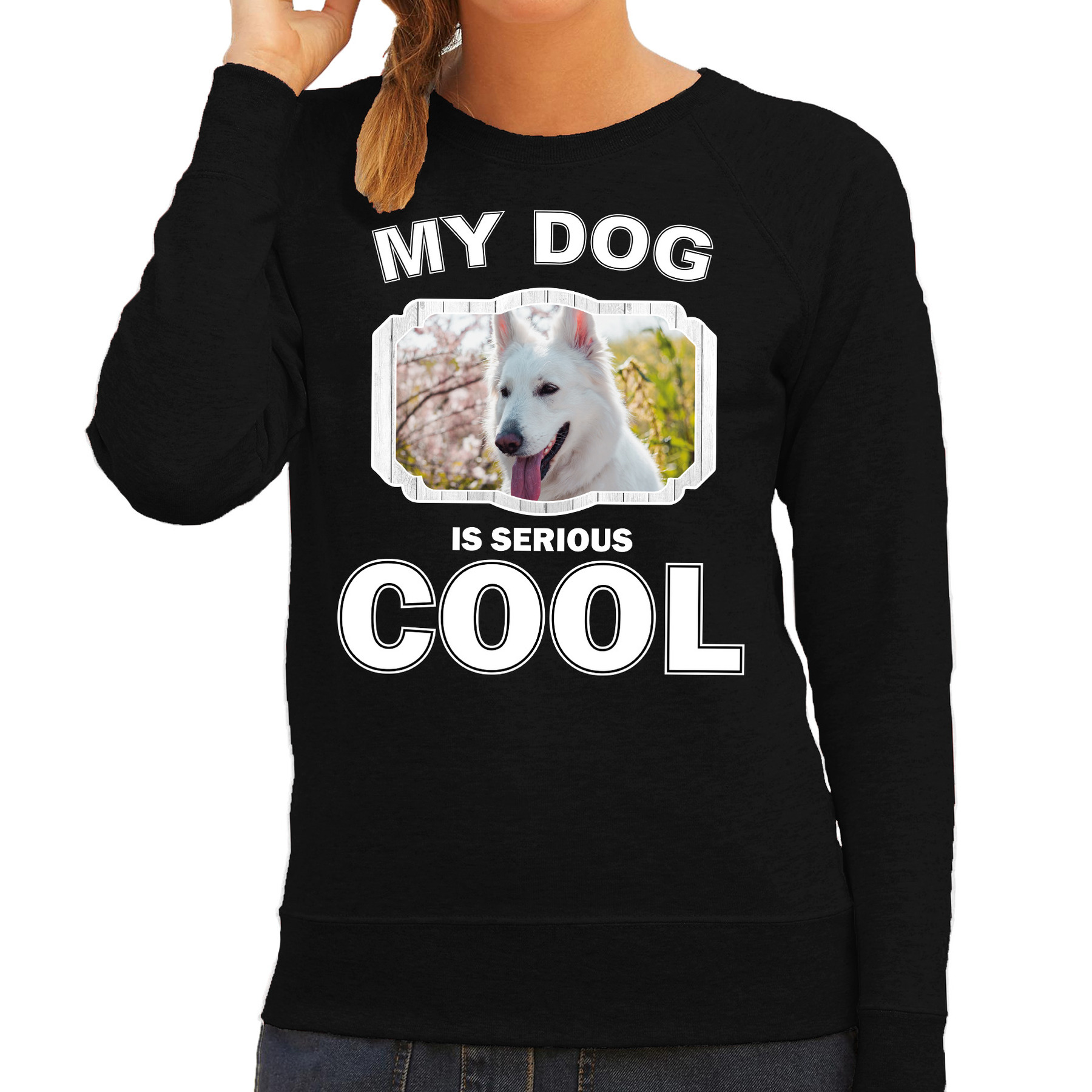 Honden liefhebber trui-sweater Witte herder my dog is serious cool zwart voor dames
