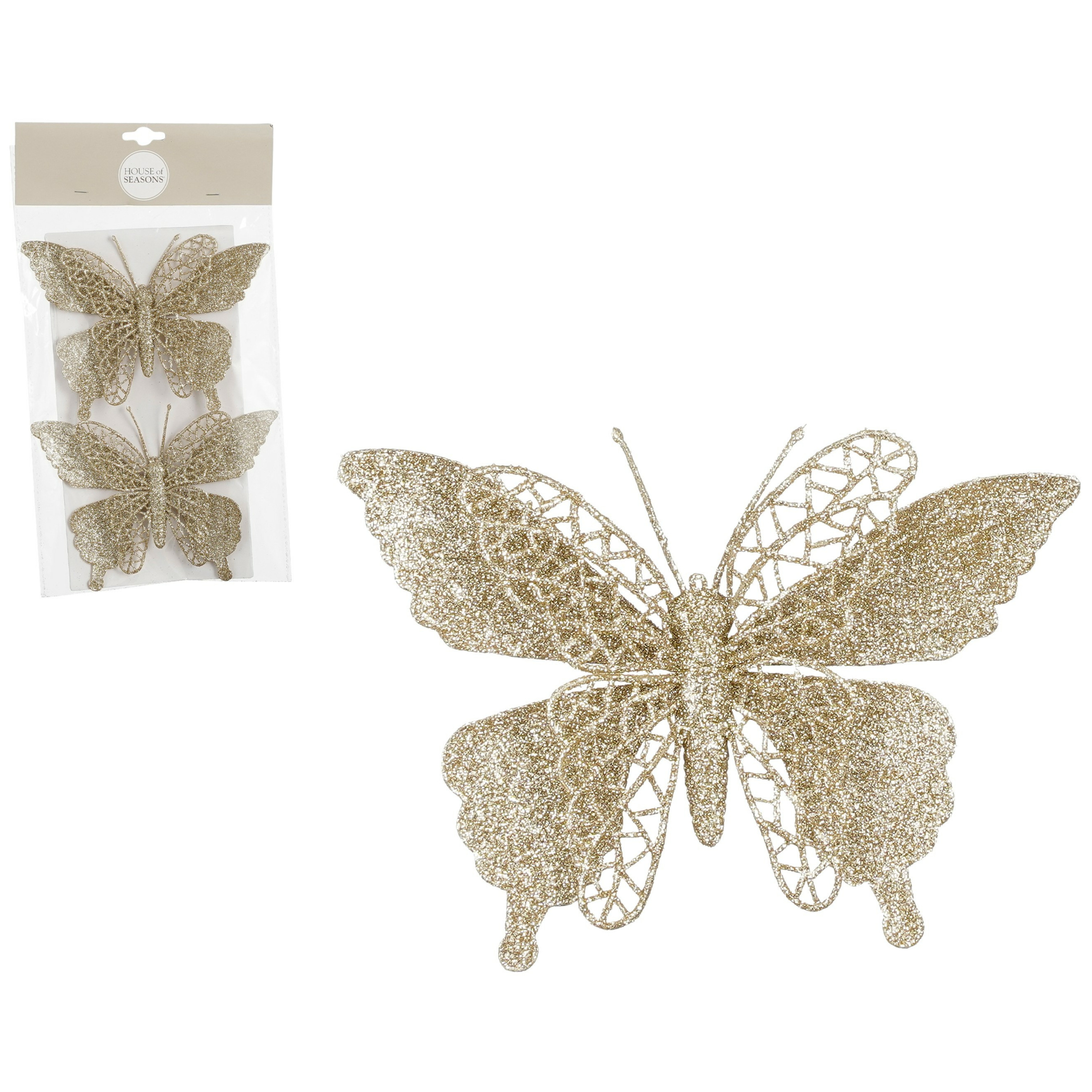 House of Seasons vlinders op clip - 2x stuks - champagne glitter - 16 cm