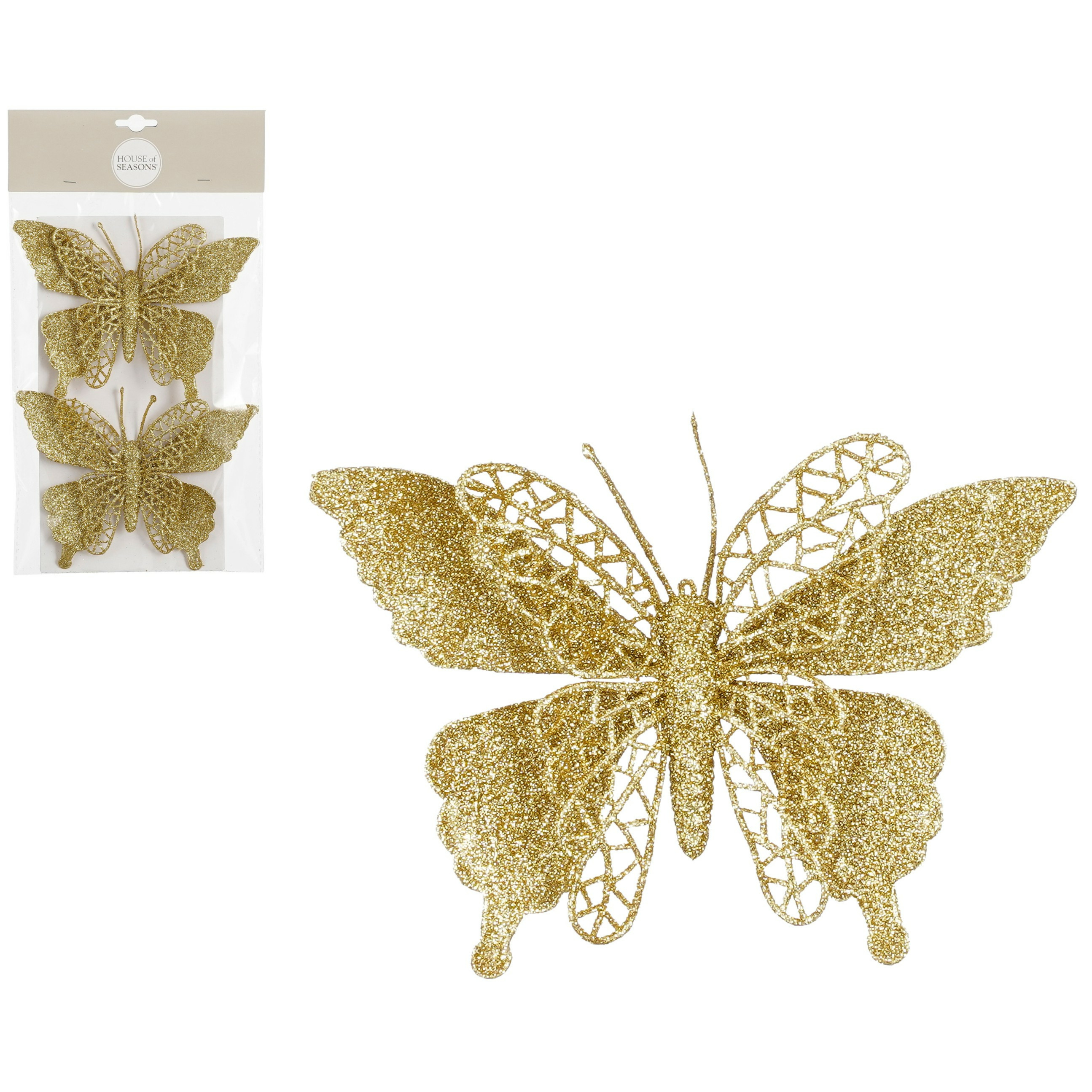 House of Seasons vlinders op clip - 2x stuks - goud glitter - 16 cm