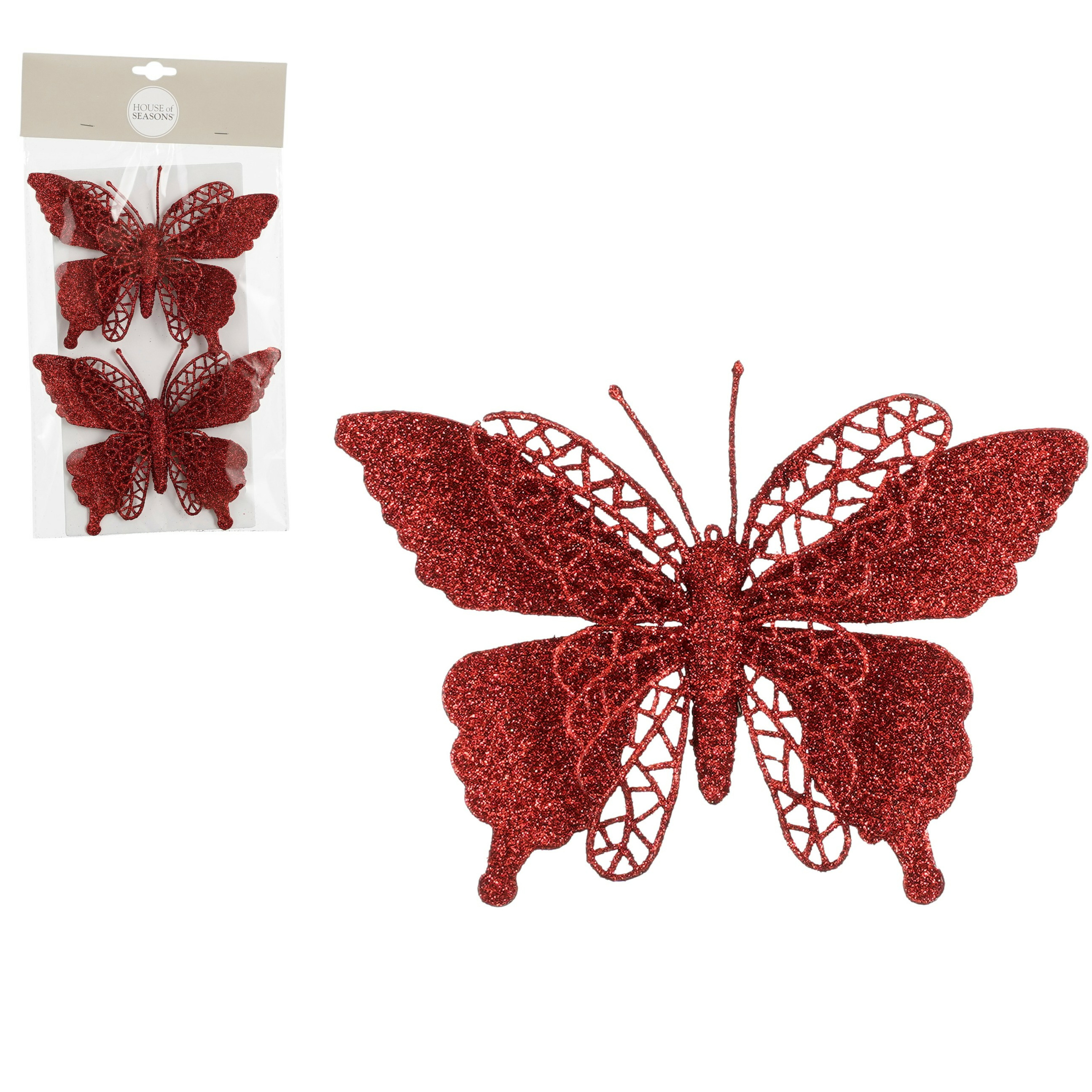 House of Seasons vlinders op clip - 2x stuks - rood glitter - 16 cm