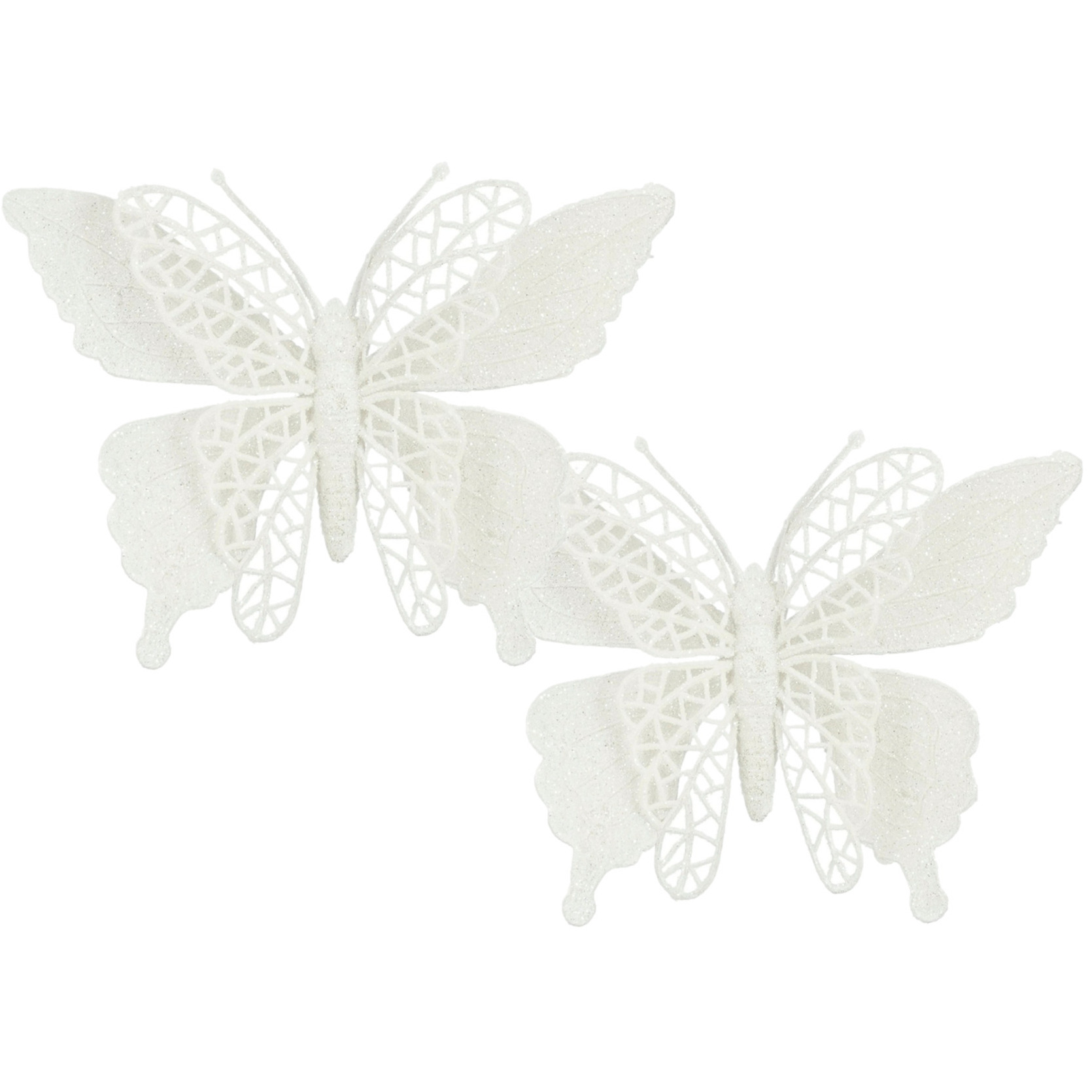 House of Seasons vlinders op clip 2x stuks wit glitter 16 cm
