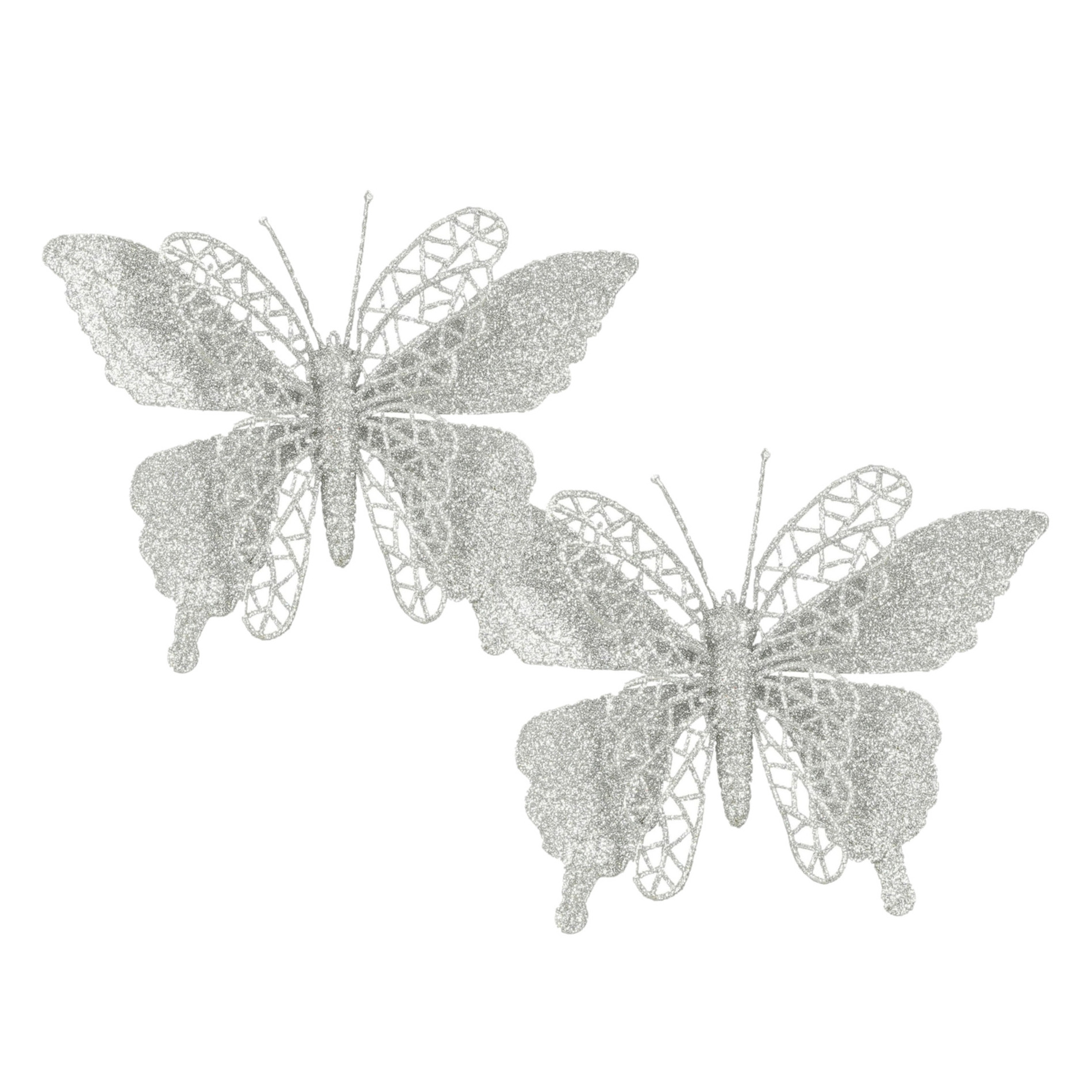 House of Seasons vlinders op clip - 2x stuks - zilver glitter - 16 cm