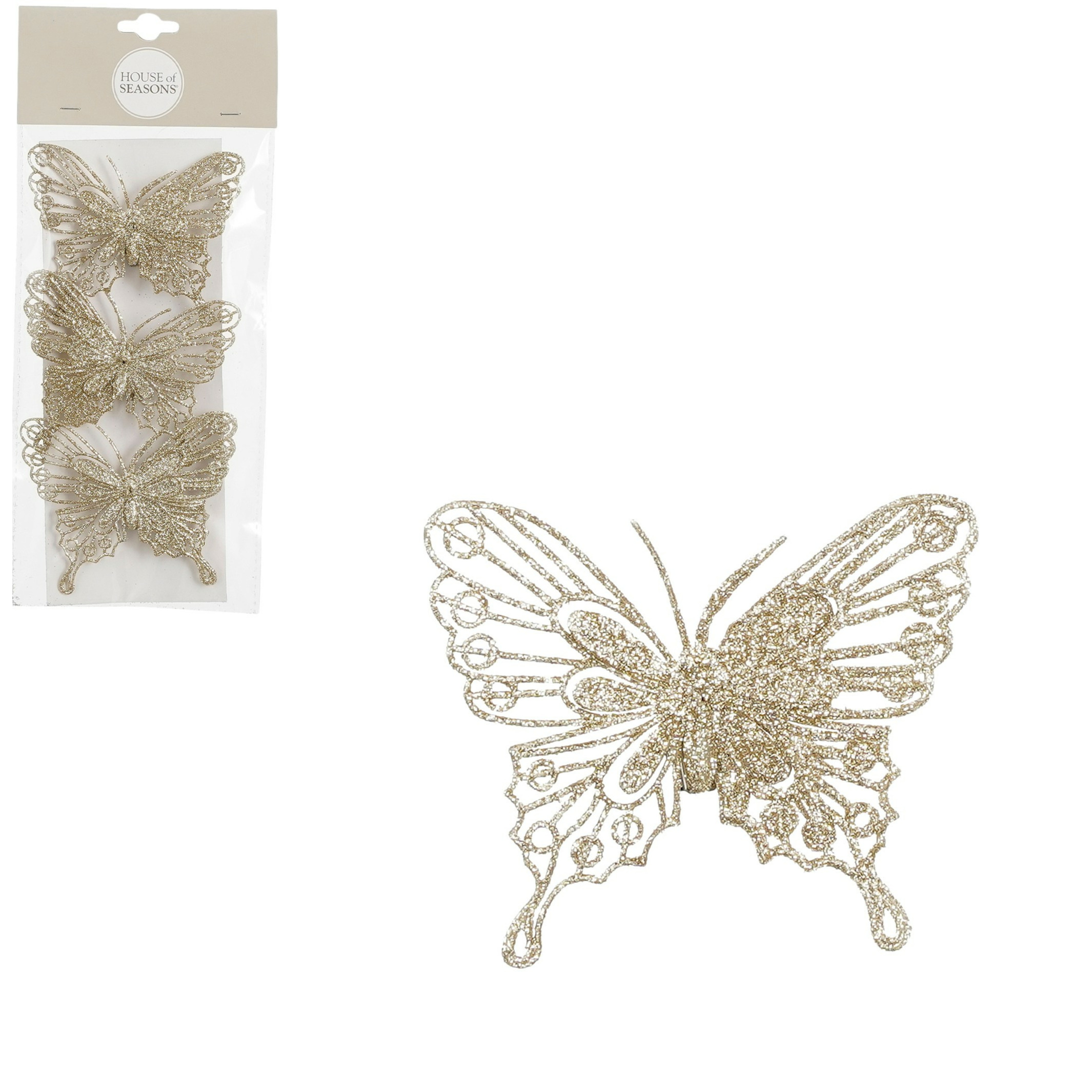 House of Seasons vlinders op clip 3x stuks champagne glitter 10 cm