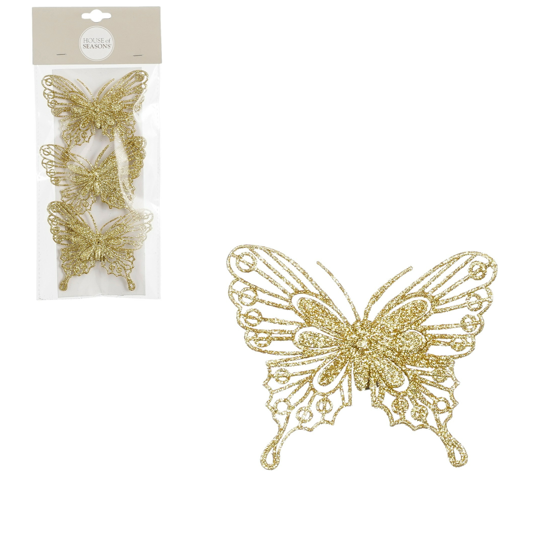 House of Seasons vlinders op clip - 3x stuks - goud glitter - 10 cm