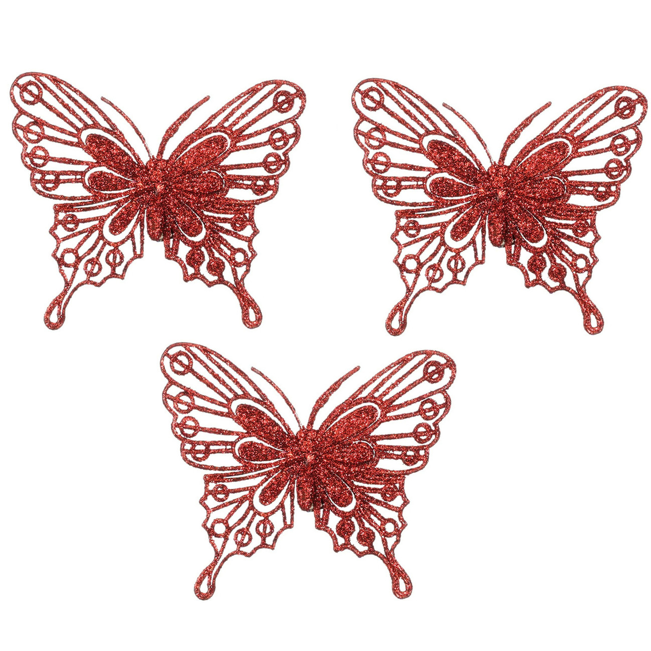 House of Seasons vlinders op clip - 3x stuks - rood glitter - 10 cm
