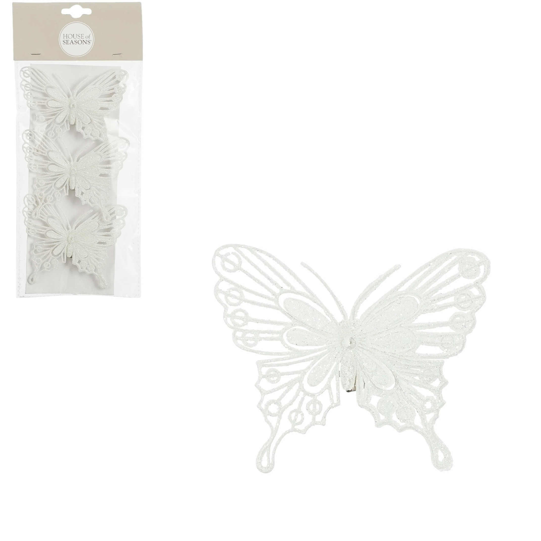 House of Seasons vlinders op clip 3x stuks wit glitter 10 cm
